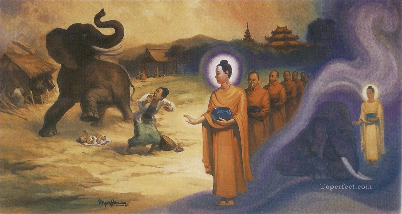 激しく酔ったゾウを鎮圧する仏陀 ナラギリ仏教油絵